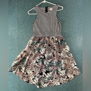 Exhilaration, black and white stripe and floral skater, sleeveless dress size S